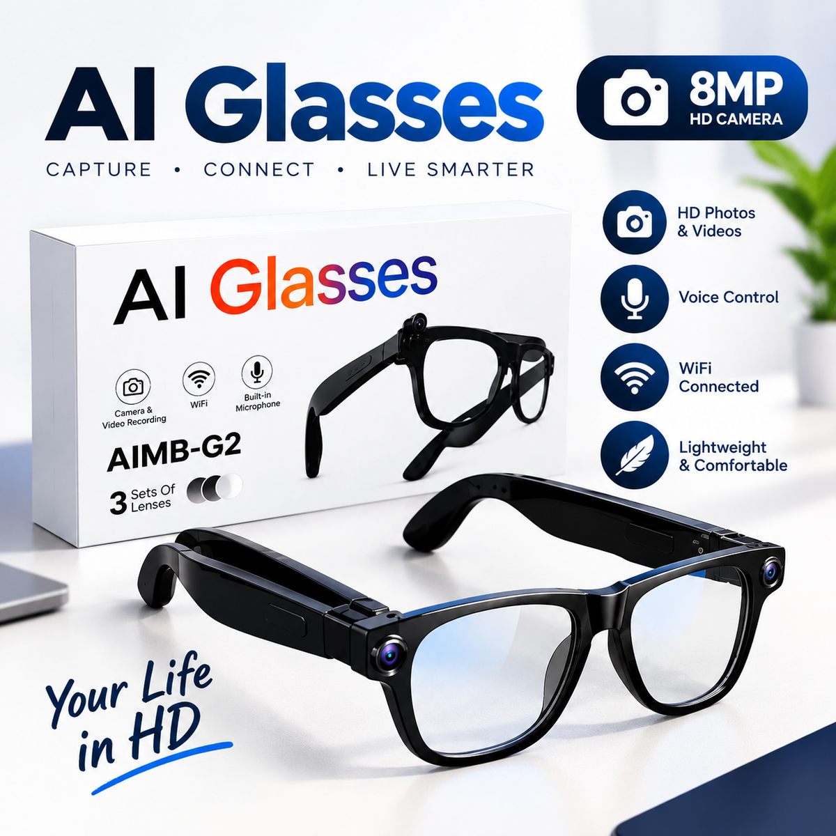 AI Smart Glasses with 8MP Camera
